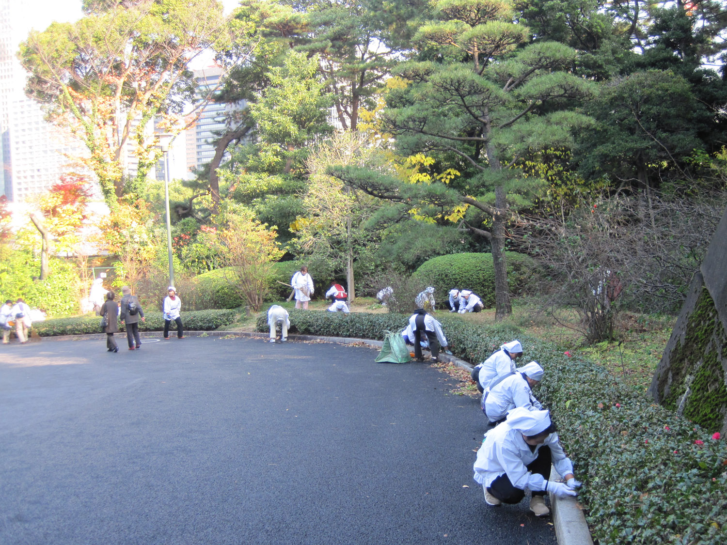 Cuadrilla de trabajadores en acción en el Palacio Imperial de Tokio