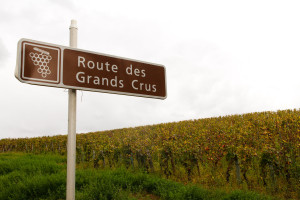 Letrero de la ruta de los Grands Crus de Borgoña, Francia